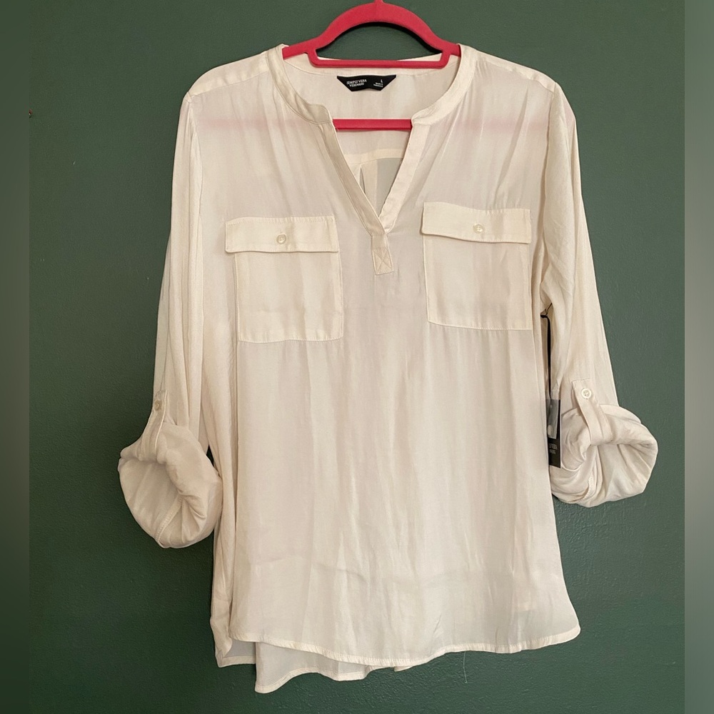NWT- Simply Vera- roll tab popover blouse split neck (L) Vera Wang ivory white - Picture 3 of 12